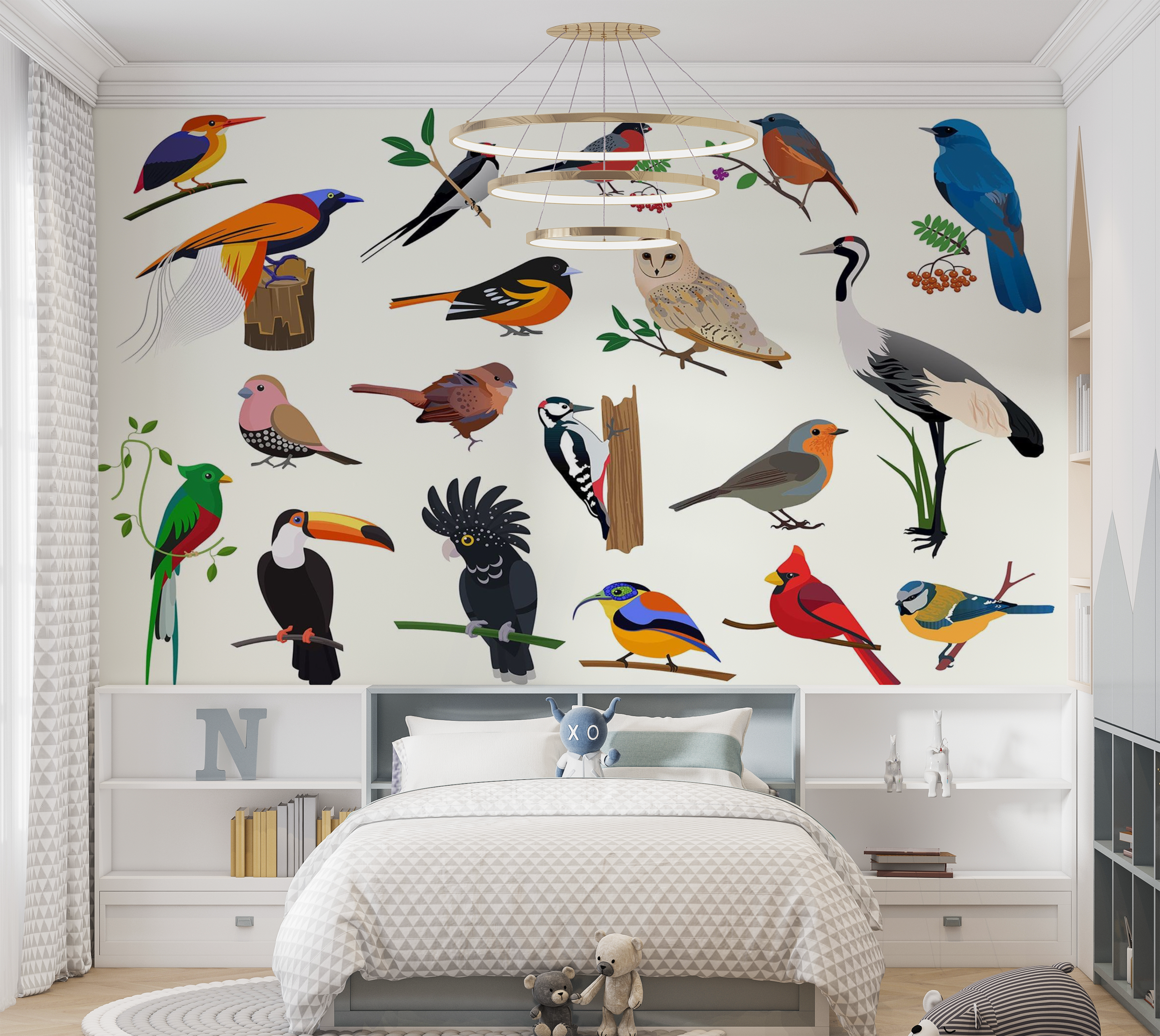 Premium Wallpaper Wall Mural - Colorful Birds Illustration 60"Wx40"H / Non-Woven Fleece
