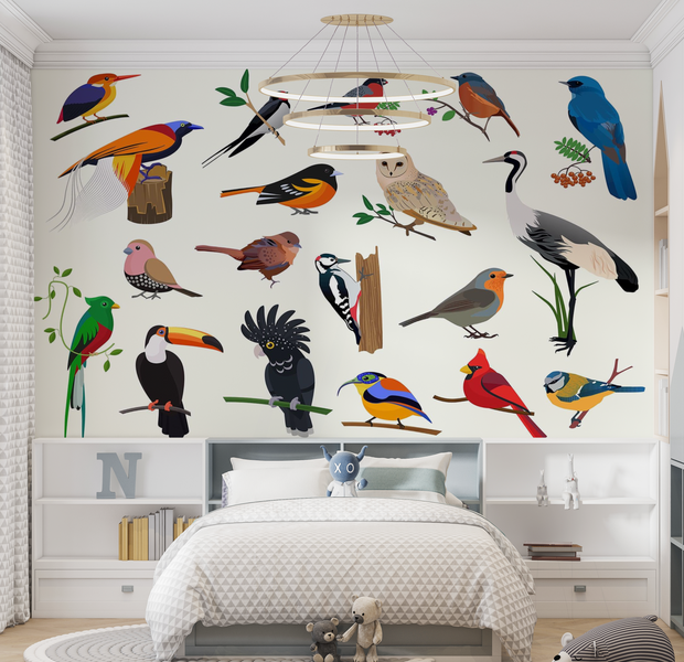 Premium Wallpaper Wall Mural - Colorful Birds Illustration 60"Wx40"H / Non-Woven Fleece