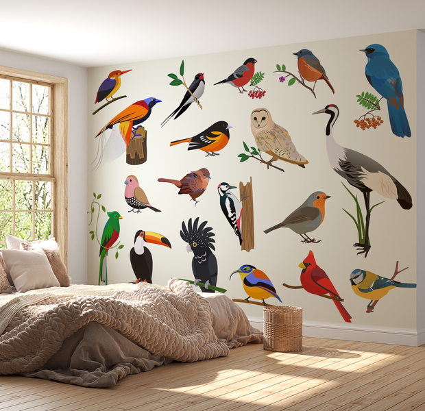 Premium Wallpaper Wall Mural - Colorful Birds Illustration 60"Wx40"H / Non-Woven Fleece