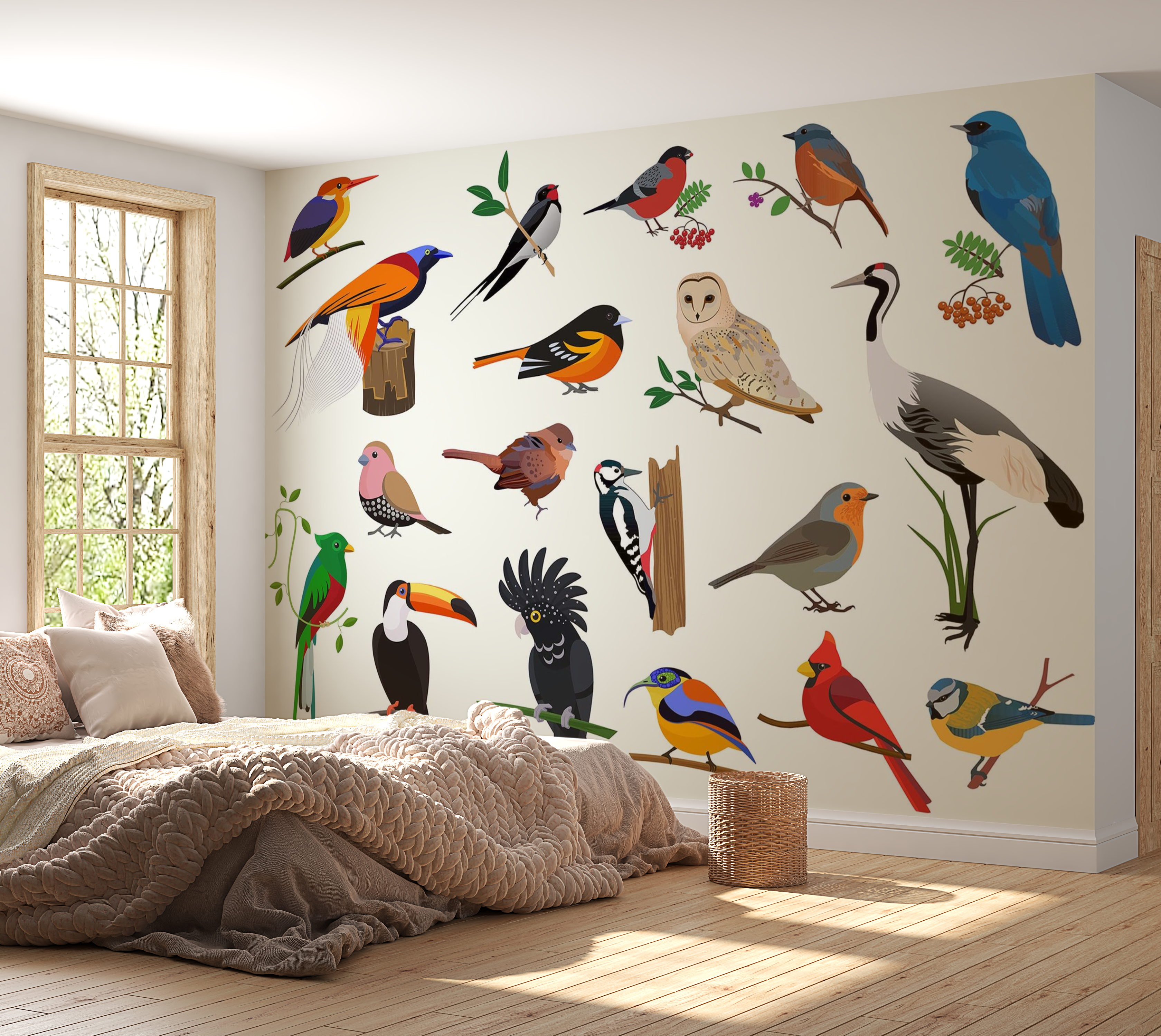 Premium Peel & Stick Wall Mural - Colorful Birds Illustration