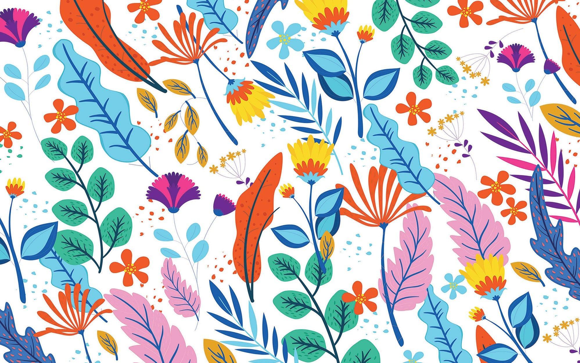 Bright and vibrant wall mural with a pattern of various stylized flowers and leaves in multiple colors on a light background