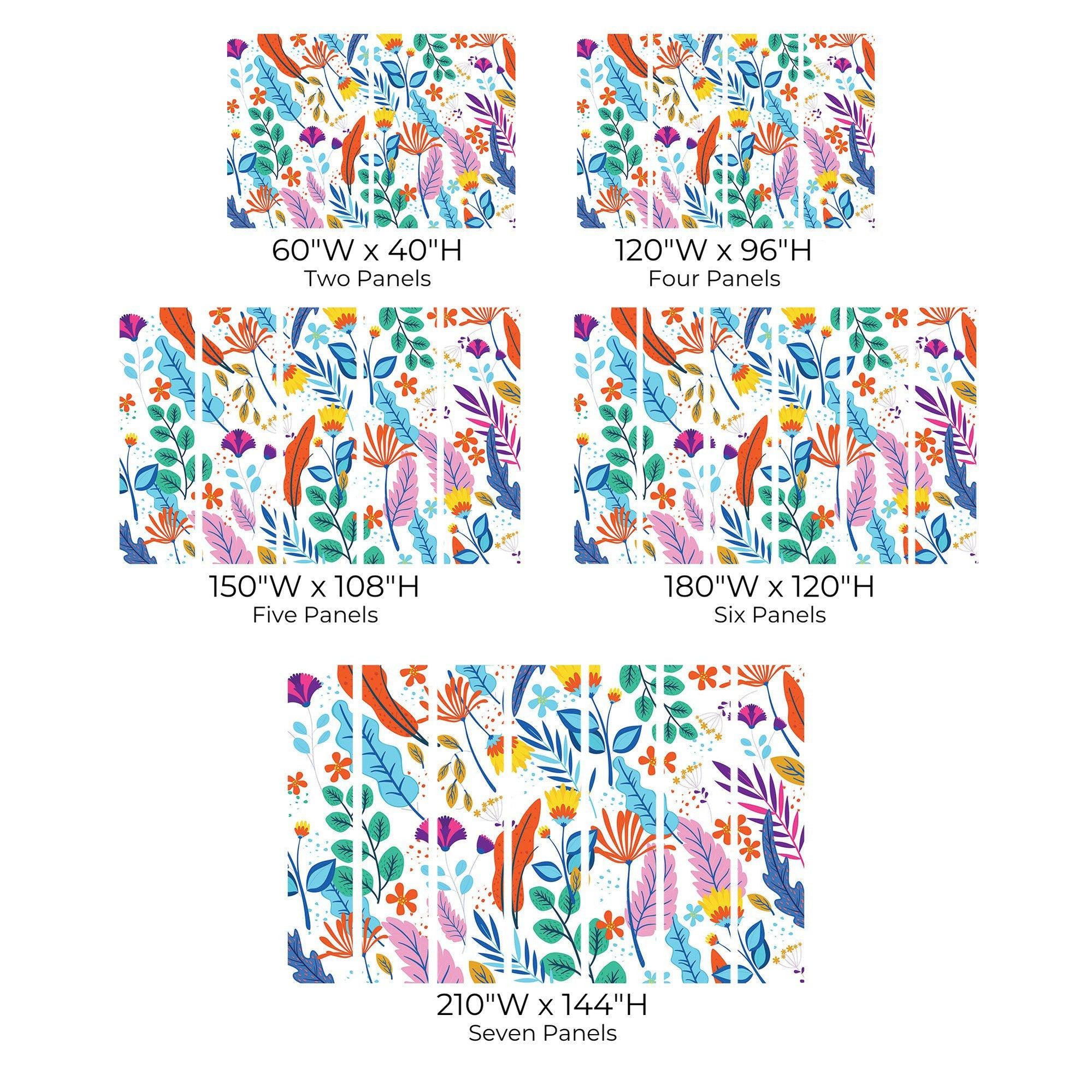 Various sizes of a colorful abstract floral wall mural displayed in an interior space