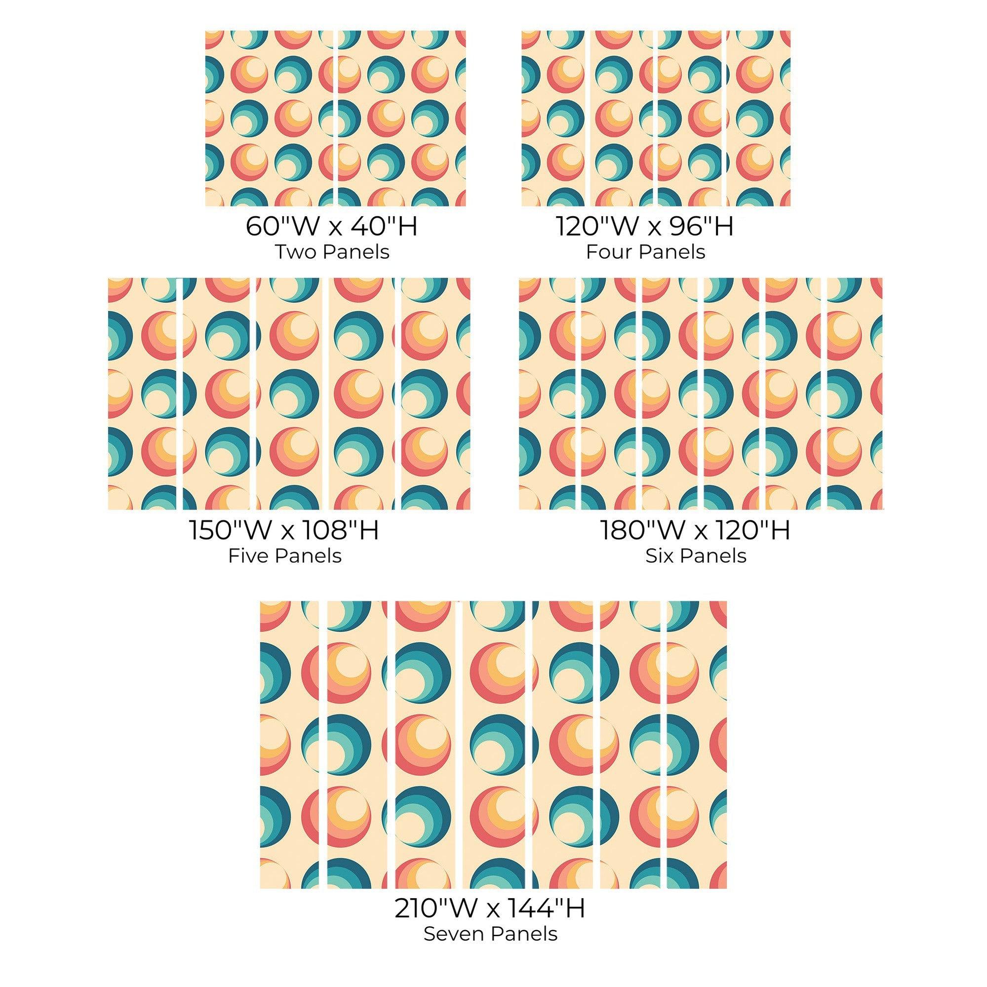 Various size options for an abstract geometric wall mural with colorful swirl patterns