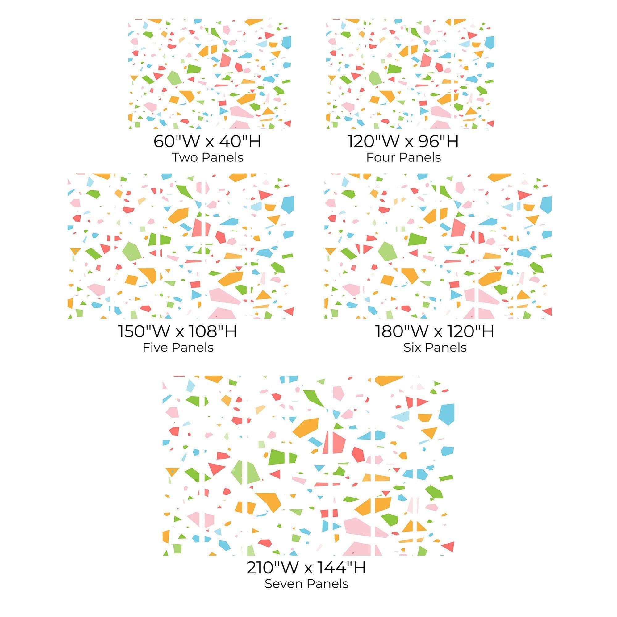Various sizes of colorful abstract wall mural displayed in seven panels.