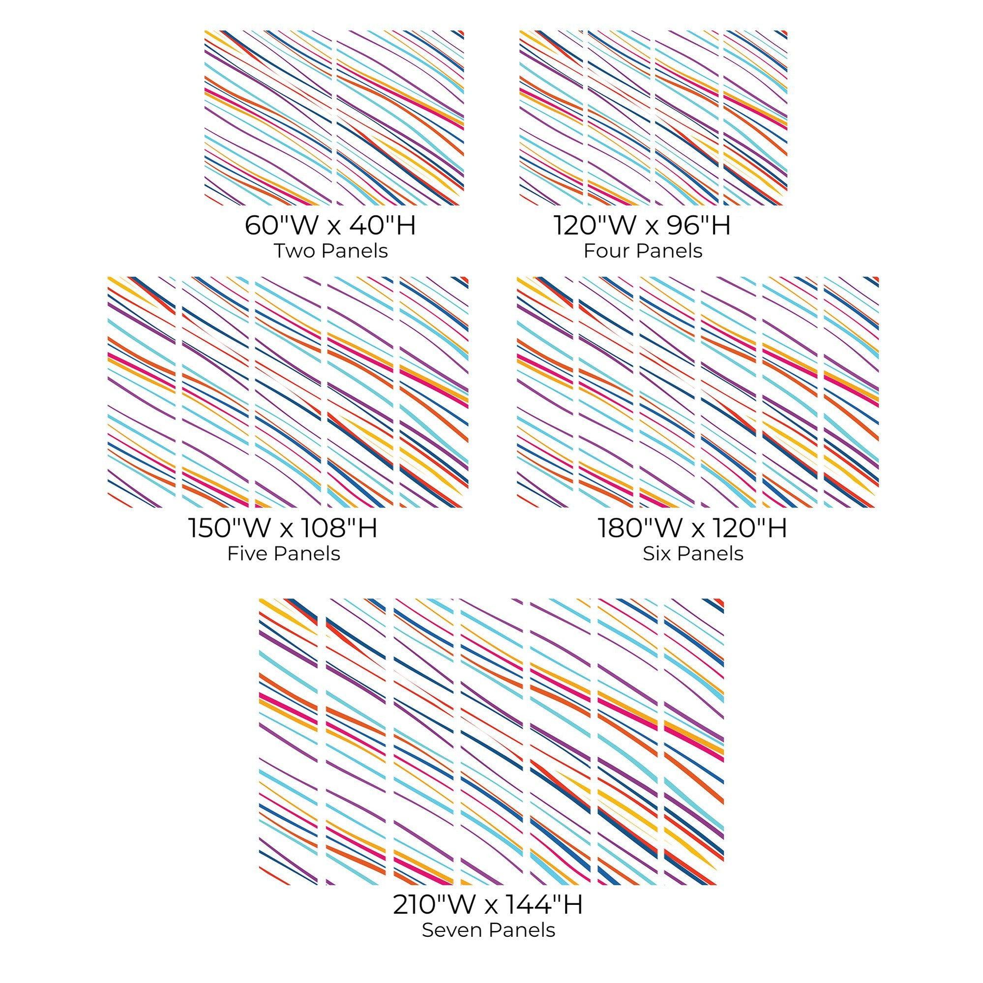 Assorted sizes of abstract striped wall murals shown in a display chart