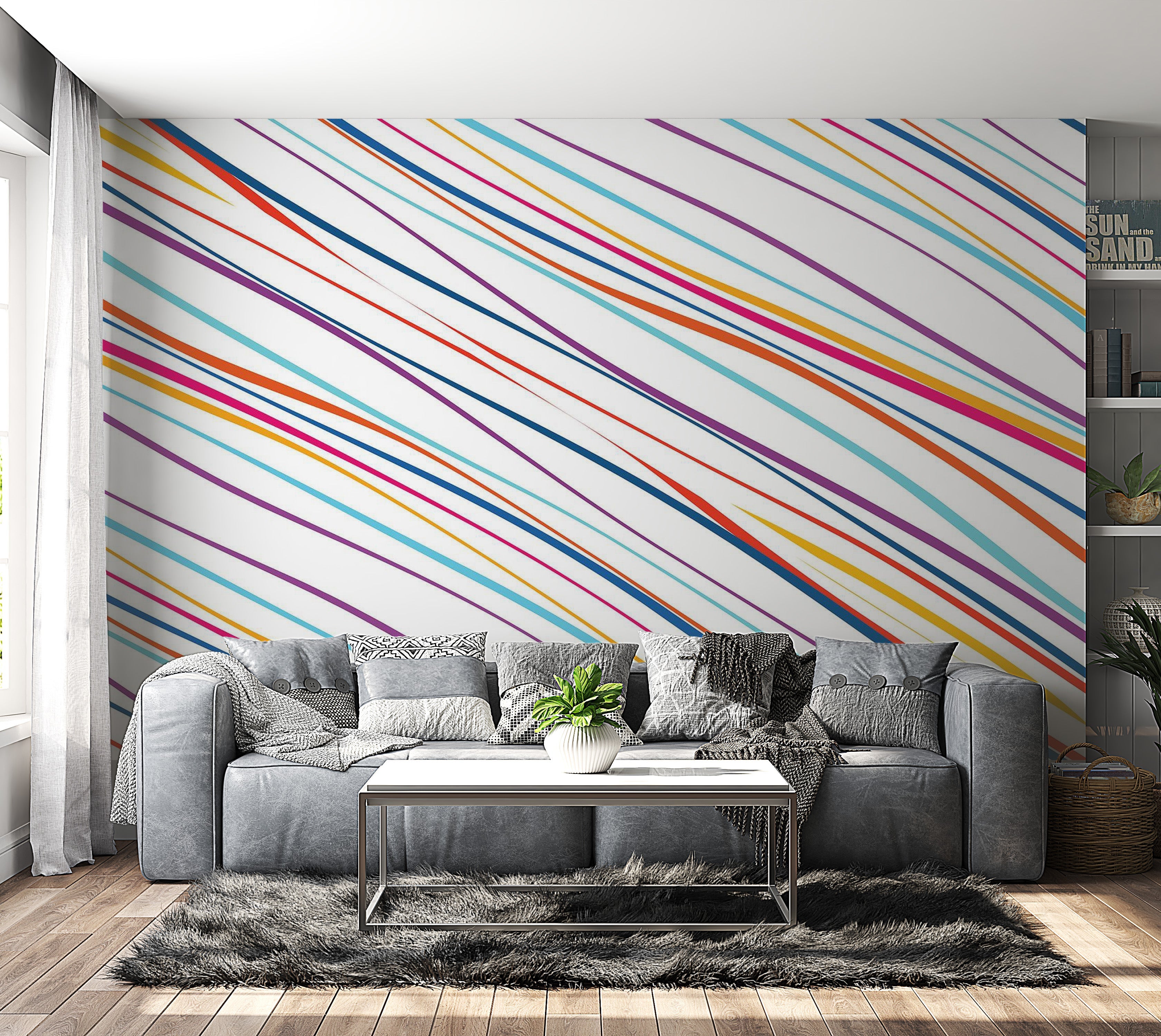 Premium Wallpaper Wall Mural - Colorful Diagonal Stripes 60"Wx40"H / Non-Woven Fleece