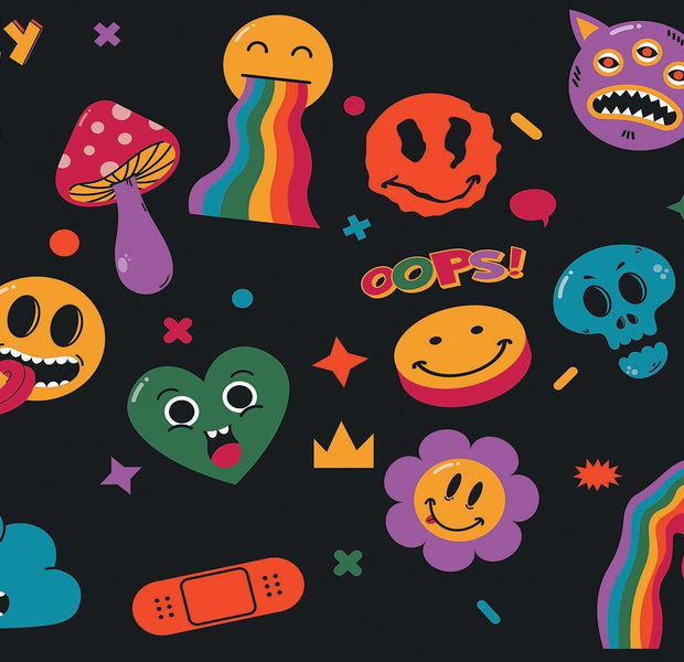 A vibrant interior wall mural featuring a collection of cartoon icons including smiley faces, a peace sign, a rainbow, and various whimsical elements.