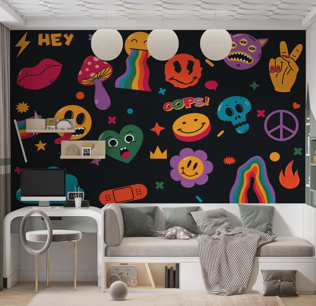Premium Wallpaper Wall Mural - Colorful Doodle Art 60"Wx40"H / Non-Woven Fleece