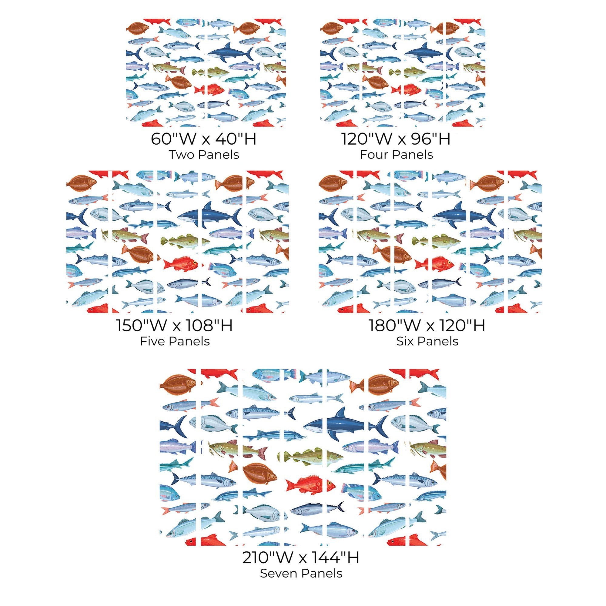 A chart depicting various sizes of a wall mural featuring an ocean theme with fish.