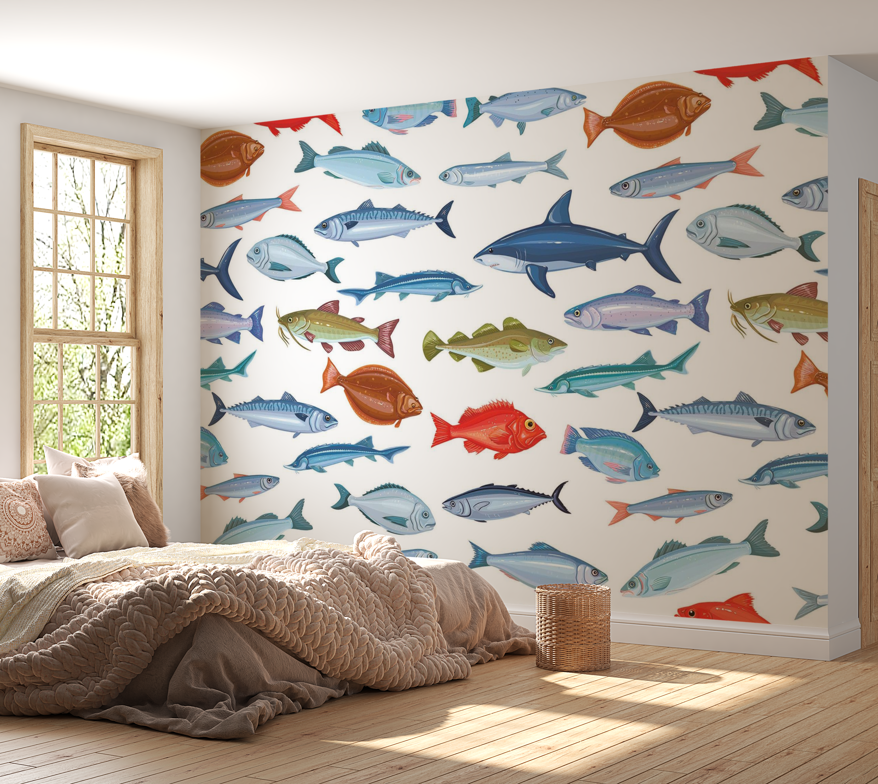 Premium Wallpaper Wall Mural - Colorful Fish Pattern 60"Wx40"H / Non-Woven Fleece