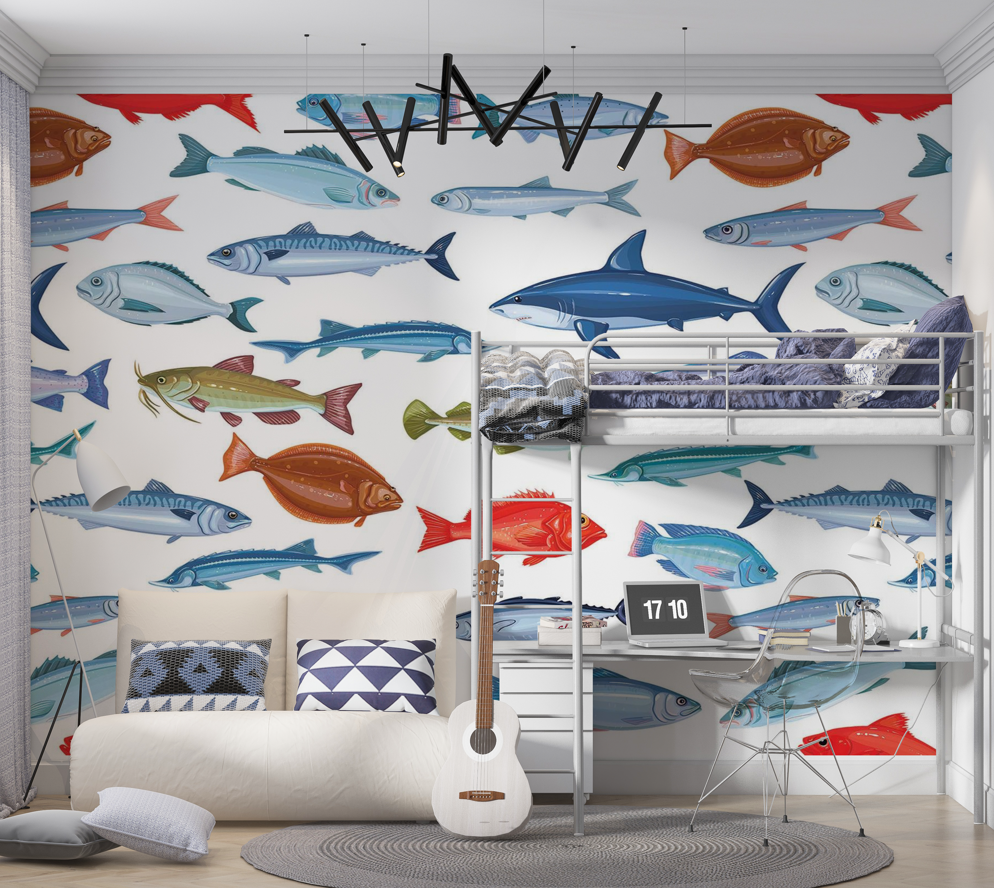 Premium Wallpaper Wall Mural - Colorful Fish Pattern 60"Wx40"H / Non-Woven Fleece