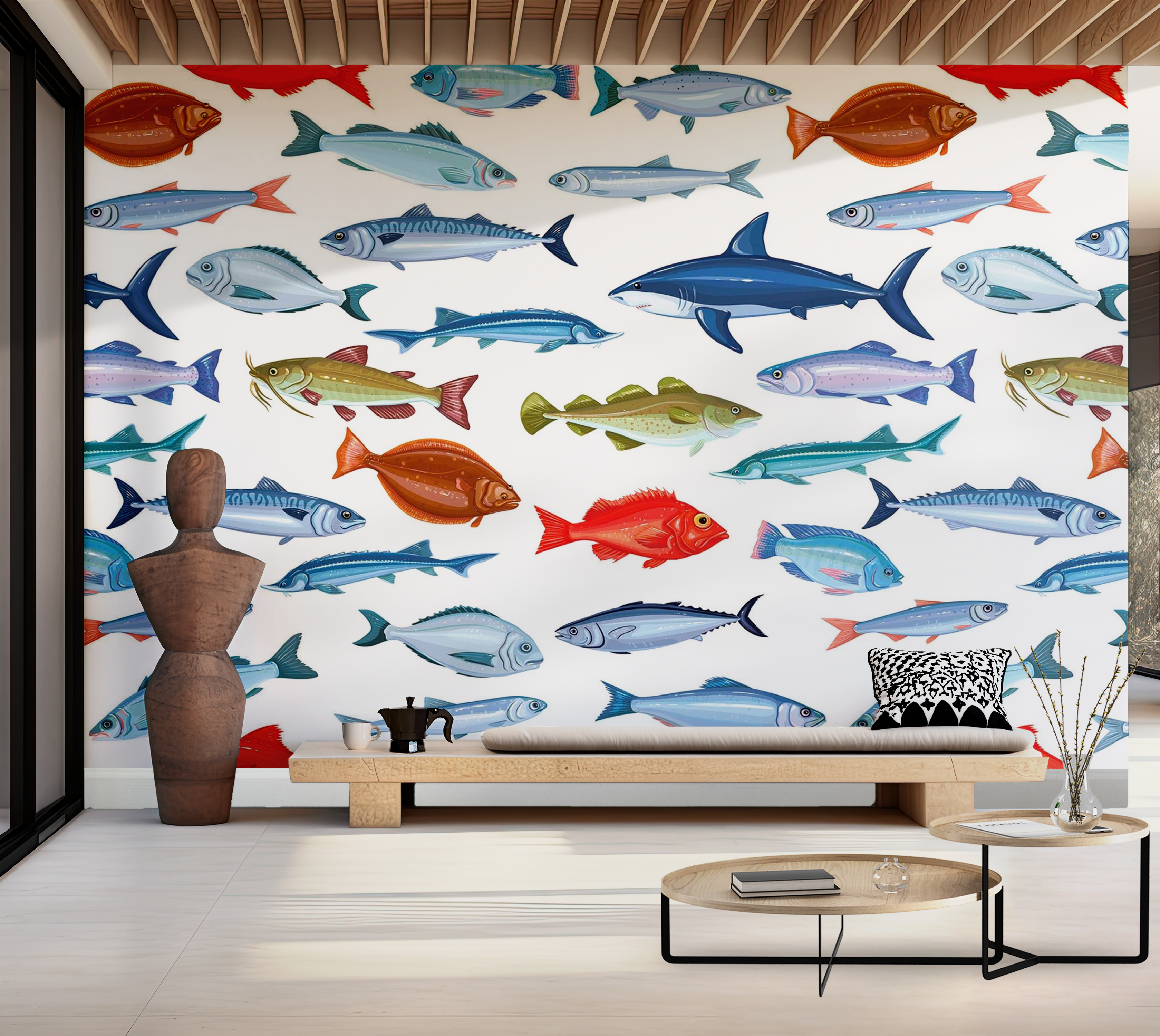 Premium Wallpaper Wall Mural - Colorful Fish Pattern 60"Wx40"H / Non-Woven Fleece