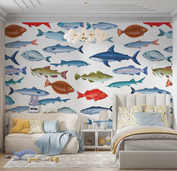 Premium Wallpaper Wall Mural - Colorful Fish Pattern 60"Wx40"H / Non-Woven Fleece