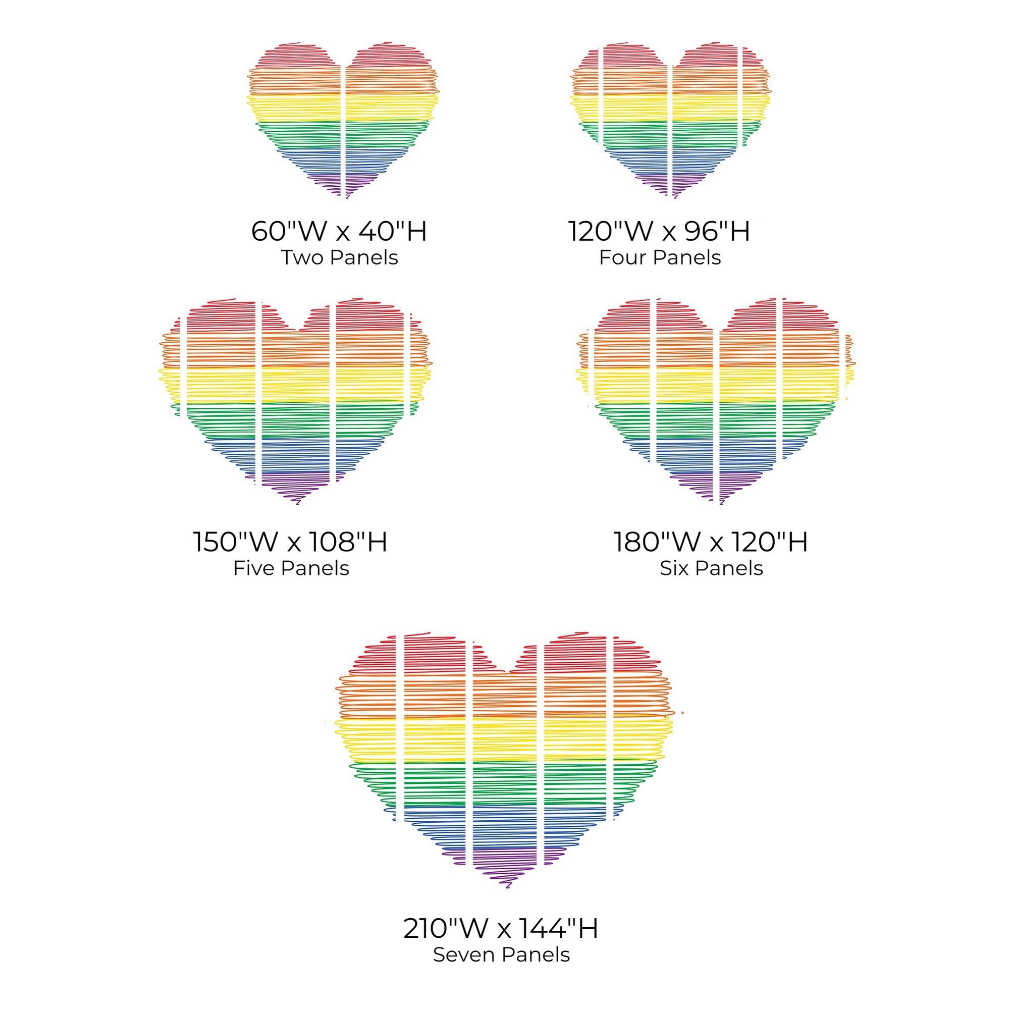 A size chart showing colorful heart murals in various dimensions and panel configurations.