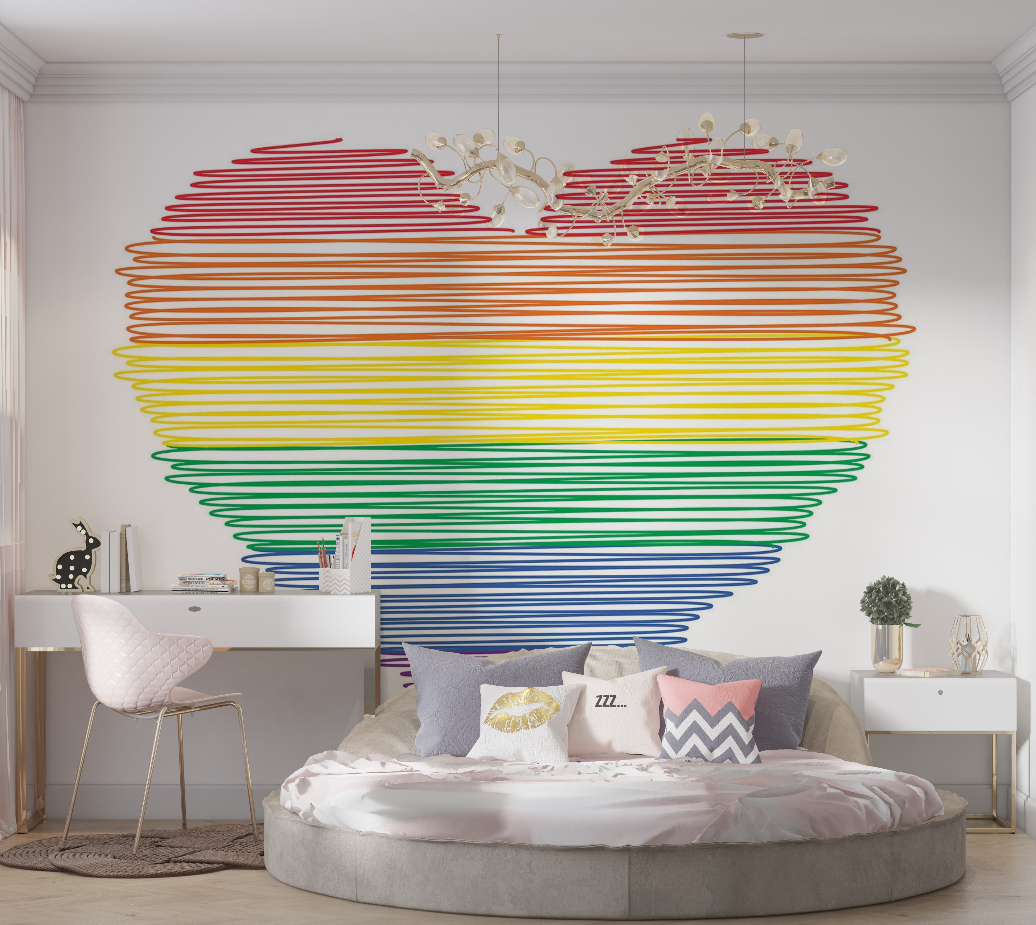 Premium Wallpaper Wall Mural - Colorful Heart Lines 60"Wx40"H / Non-Woven Fleece