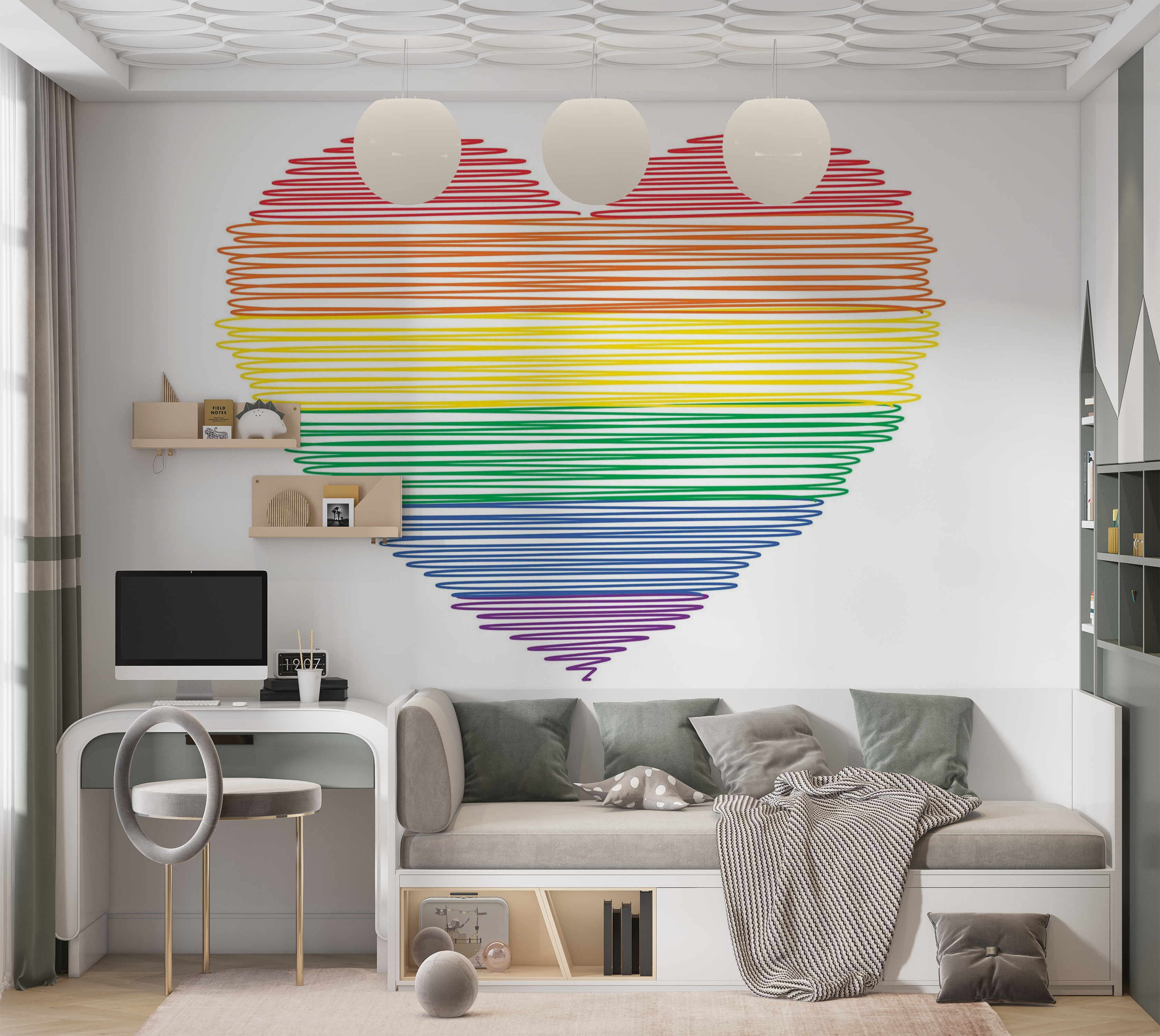 Premium Wallpaper Wall Mural - Colorful Heart Lines 60"Wx40"H / Non-Woven Fleece