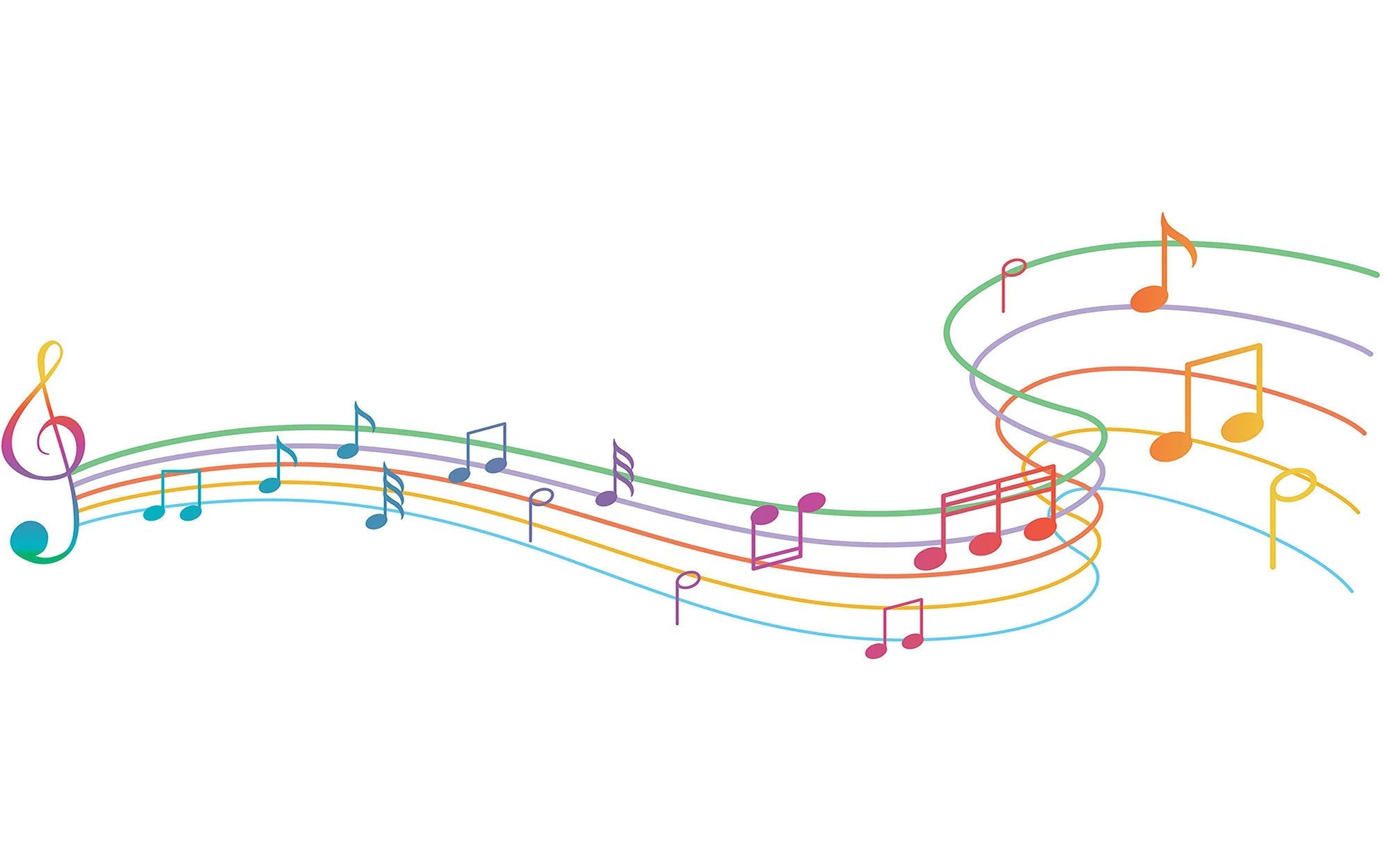 Colorful wavy music staves with a variety of musical notes forming a lively wall mural