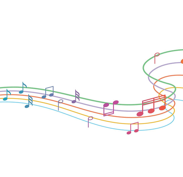 Colorful wavy music staves with a variety of musical notes forming a lively wall mural
