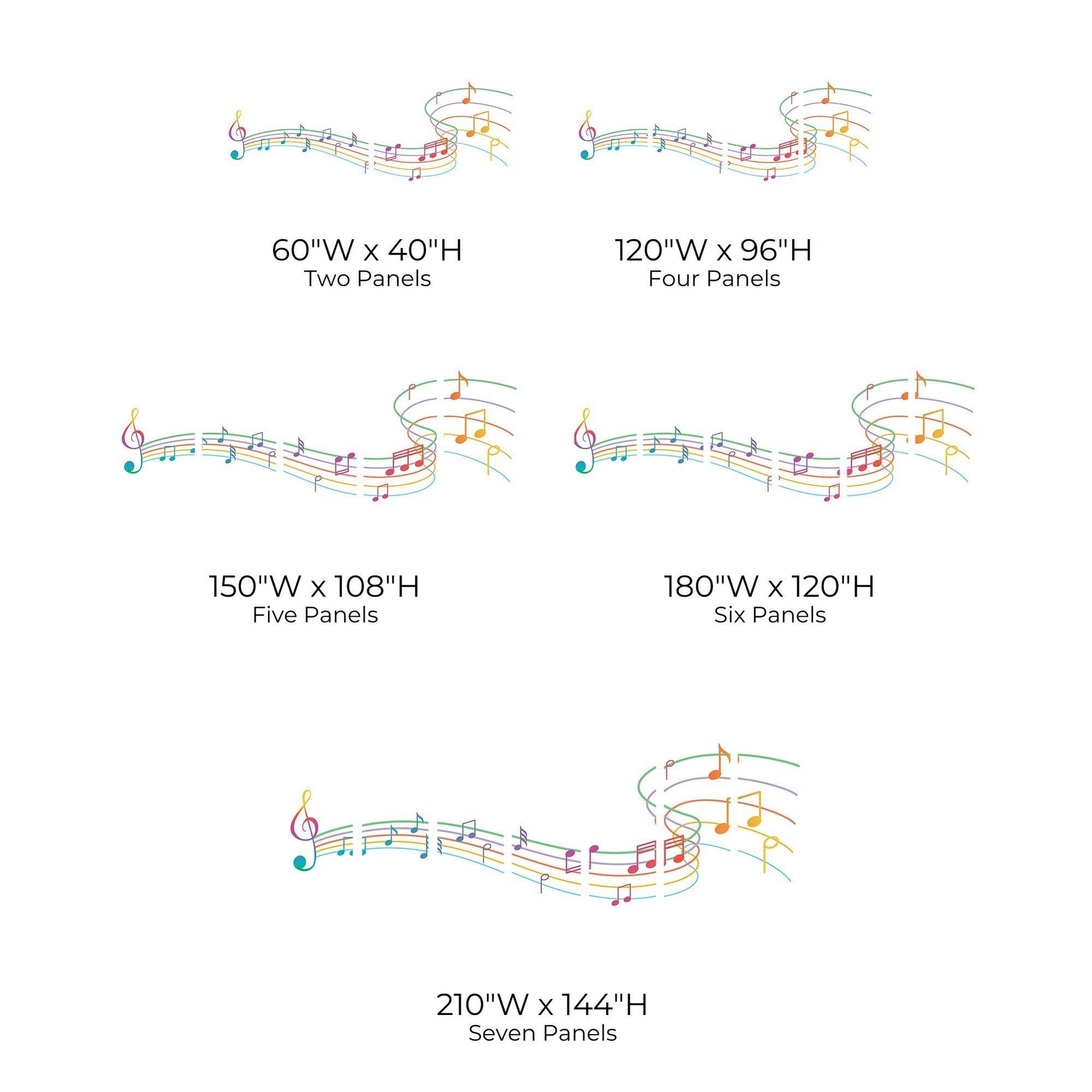 A size chart showing various dimensions for wall murals featuring colorful music notes on staves.