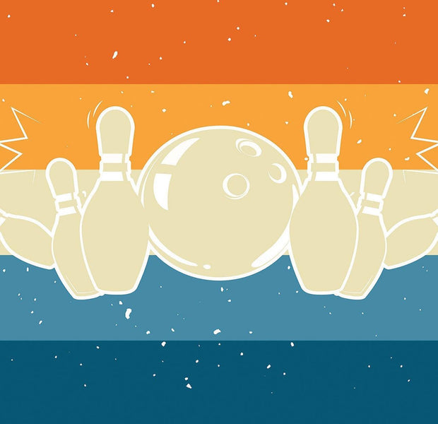 An artistic wall mural featuring stylized bowling pins and a ball with a colorful background