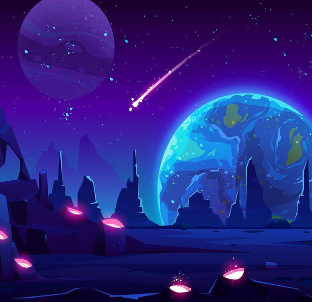 A vibrant space-themed wall mural featuring a large planet, moon, shooting star, and alien landscape.