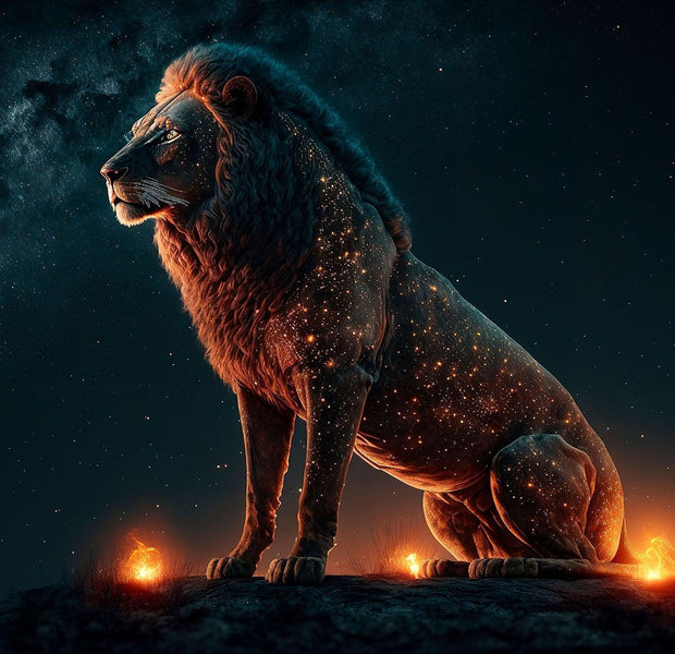 A vibrant wall mural depicting a lion made of cosmic stars and nebulae standing majestically against a dark starry sky with subtle fires at its feet.