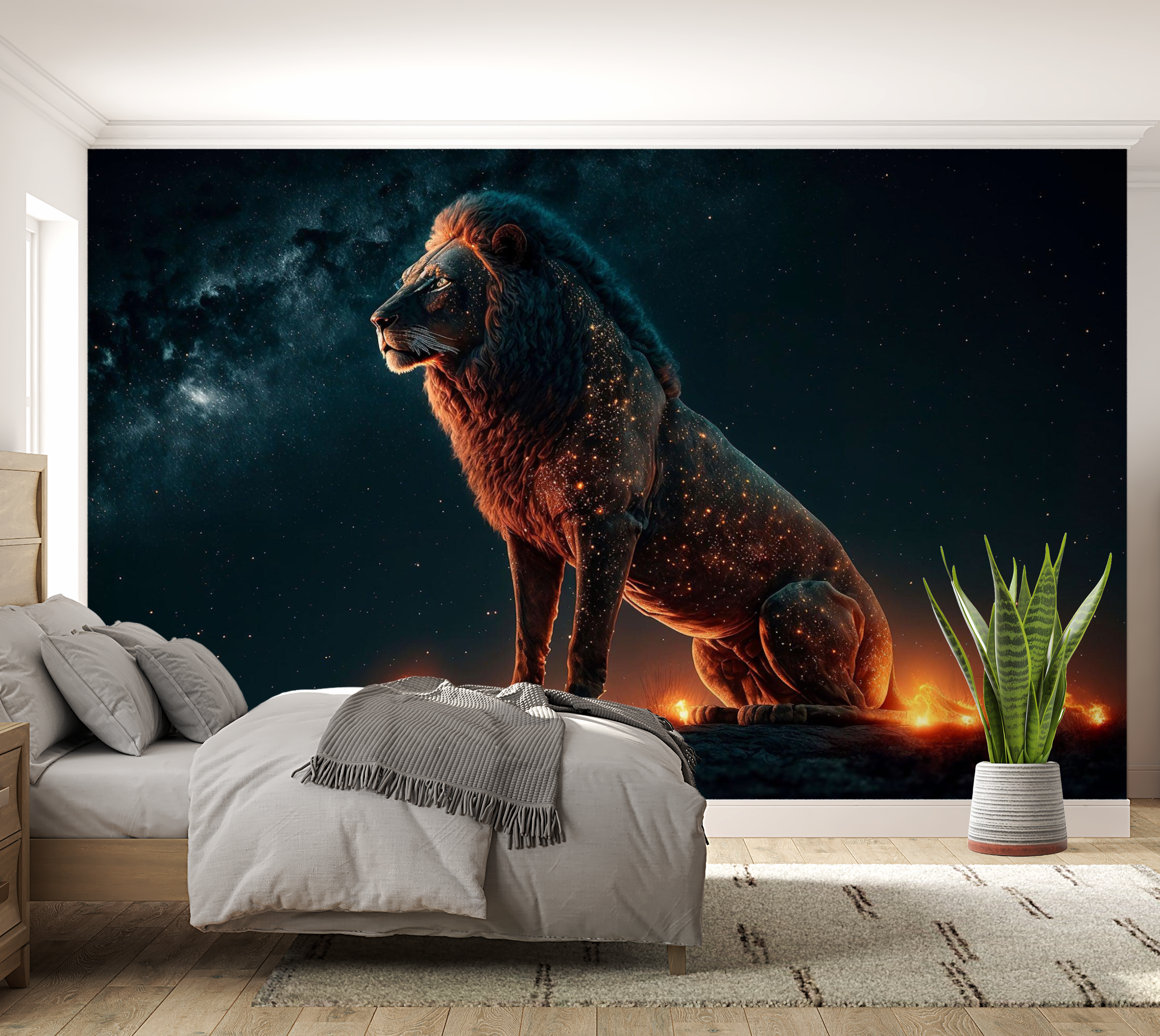 Premium Peel & Stick Wall Mural - Cosmic Lion Stargazing