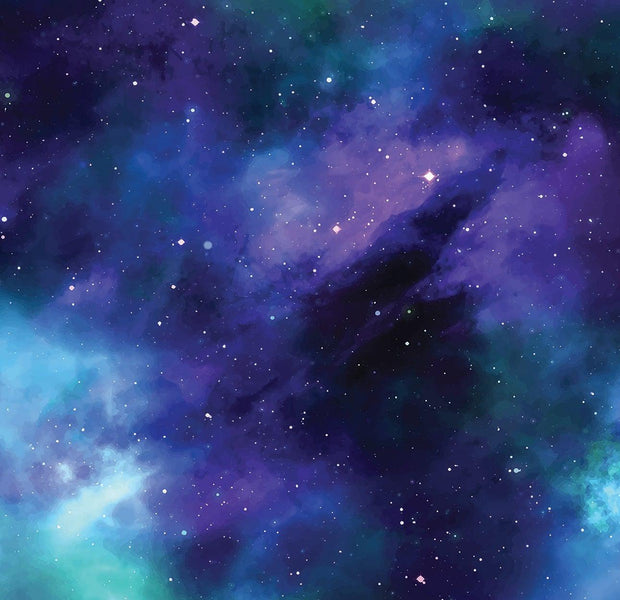 An interior wall adorned with a vibrant galaxy mural featuring deep purples, blues, and speckles of starlight.