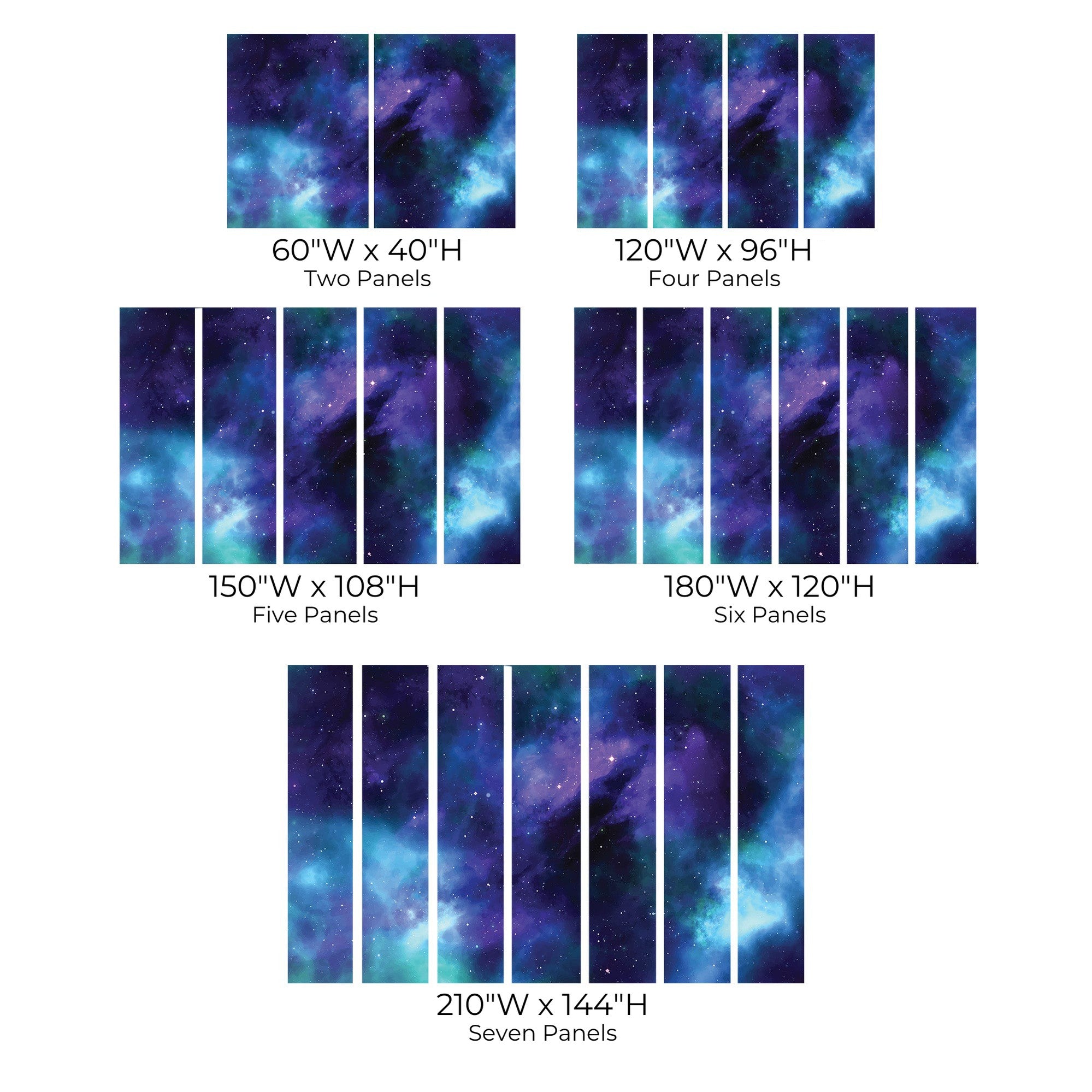 Selection of galaxy-themed wall murals in various sizes displayed in a grid format.