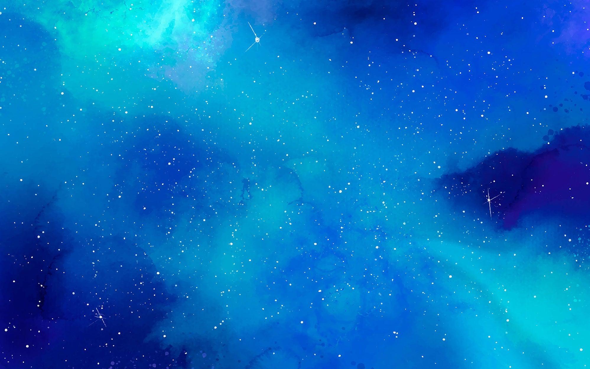 A vibrant space-themed mural with blue and purple nebulae and twinkling stars on an interior wall
