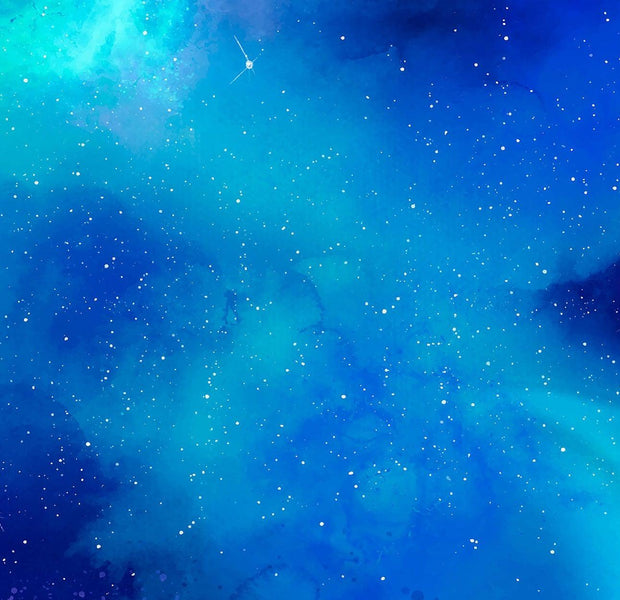 A vibrant space-themed mural with blue and purple nebulae and twinkling stars on an interior wall