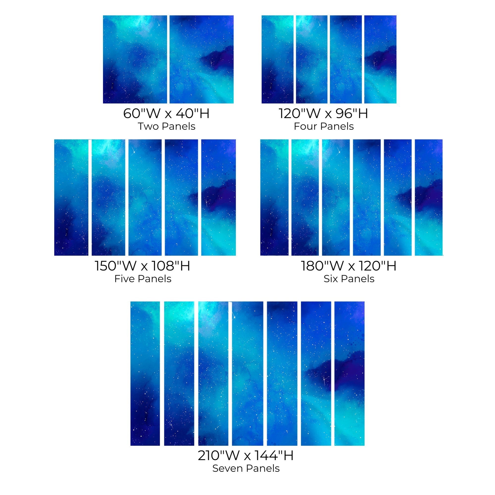 A series of images showcasing a blue galaxy-themed wall mural in various sizes with two to seven panels.