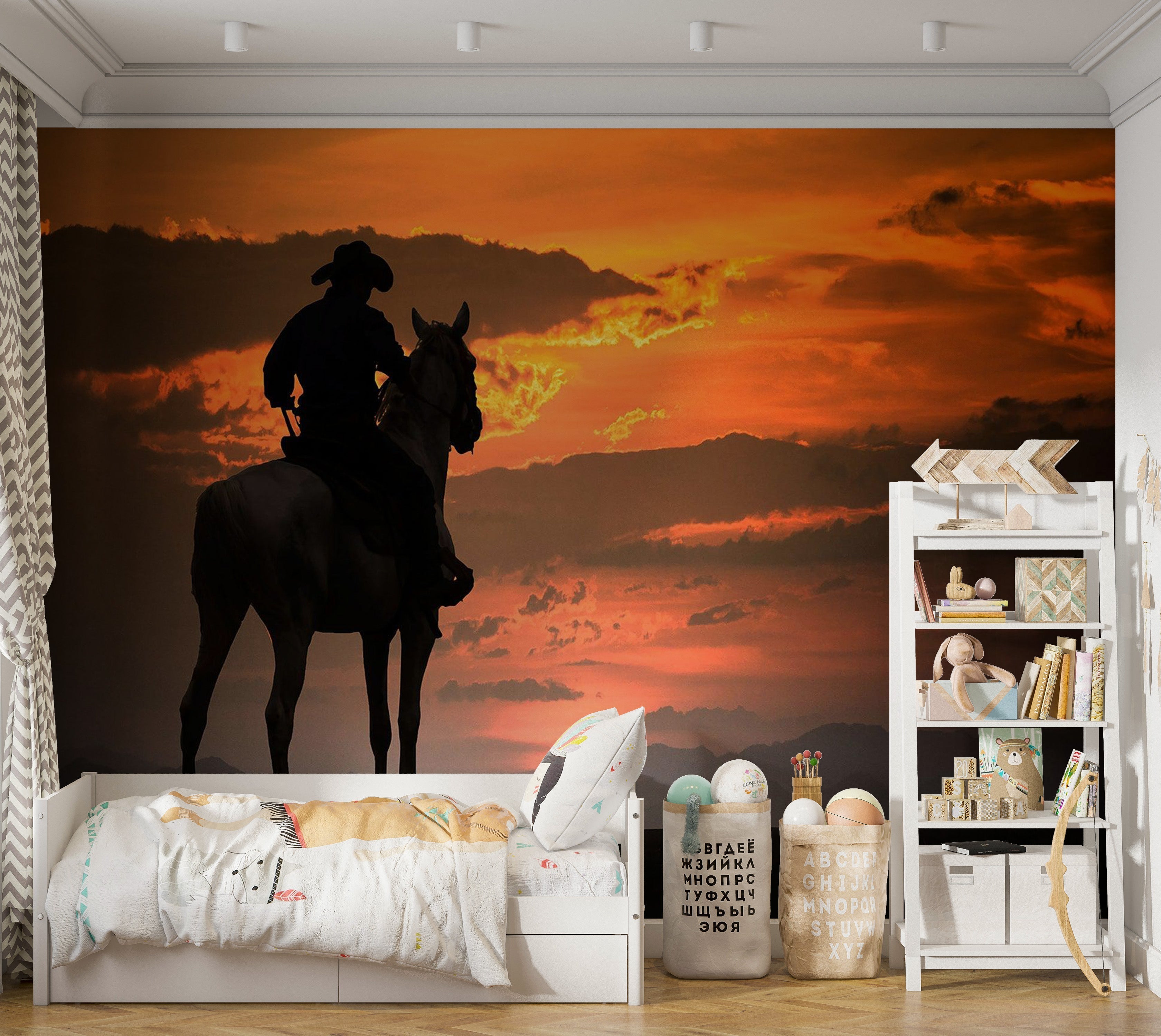 Premium Peel & Stick Wall Mural - Cowboy Sunset Silhouette