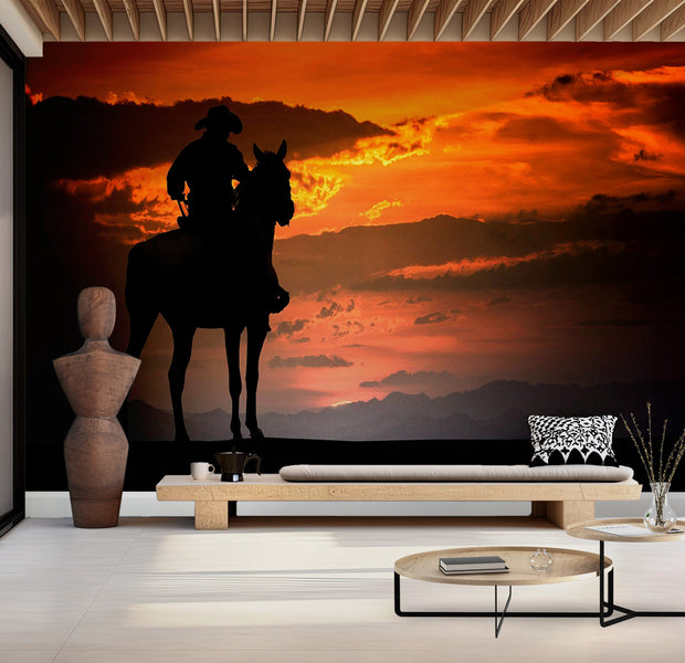 Premium Peel & Stick Wall Mural - Cowboy Sunset Silhouette