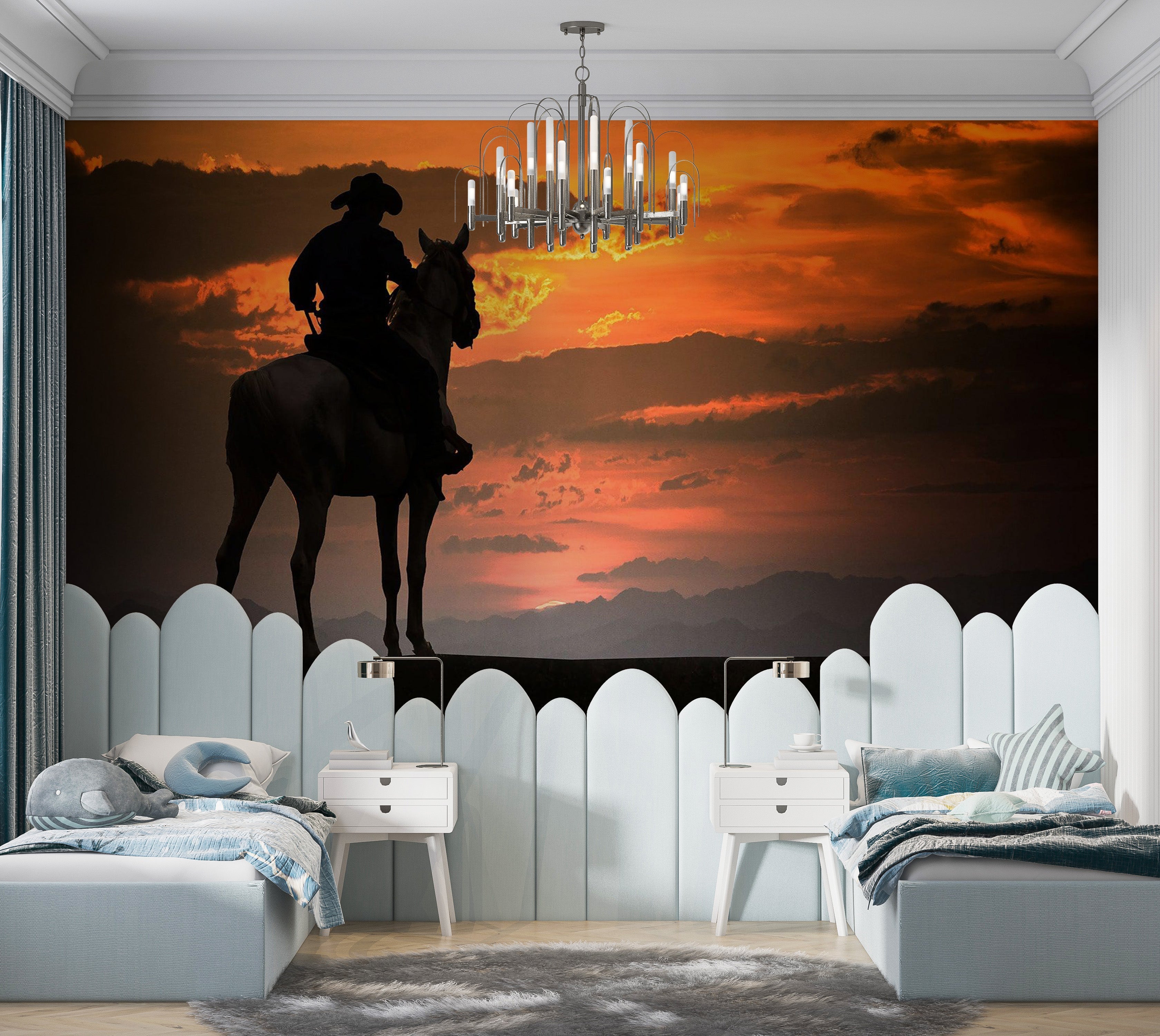 Premium Peel & Stick Wall Mural - Cowboy Sunset Silhouette