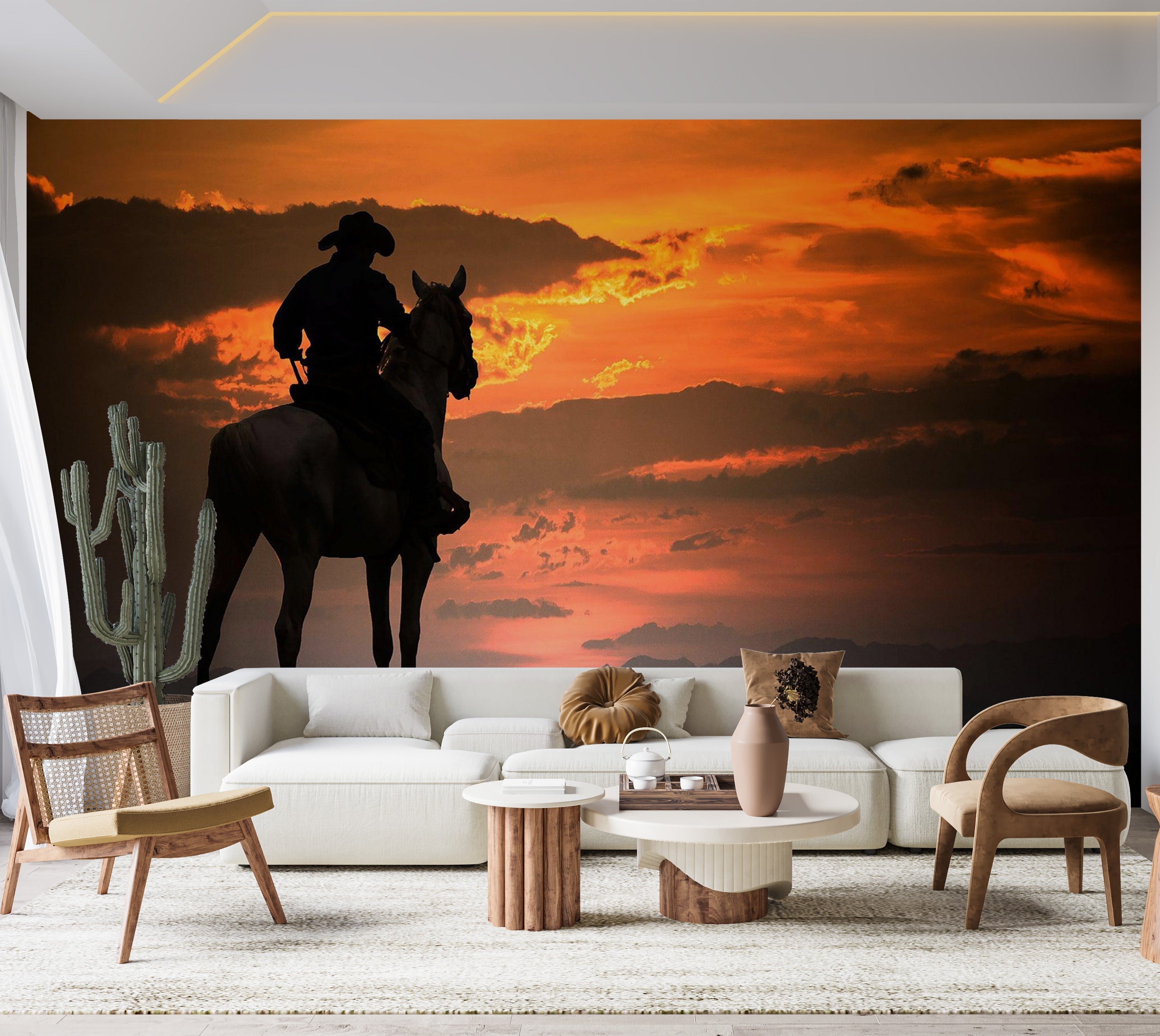 Premium Peel & Stick Wall Mural - Cowboy Sunset Silhouette