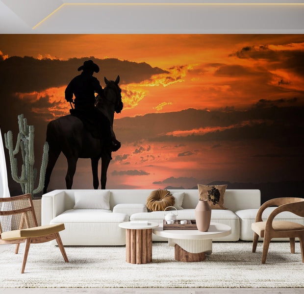 Premium Wallpaper Wall Mural - Cowboy Sunset Silhouette 60"Wx40"H / Non-Woven Fleece