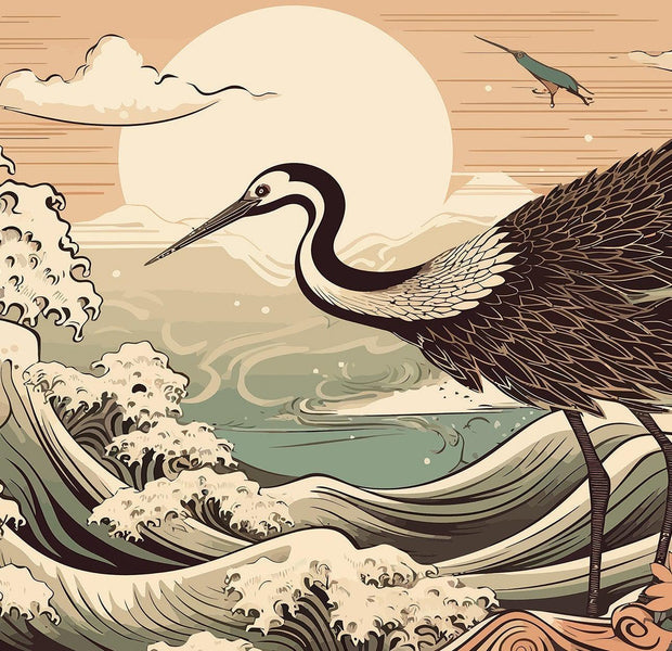 Vintage style wall mural featuring an illustrated crane standing amidst stylized waves with a sun backdrop
