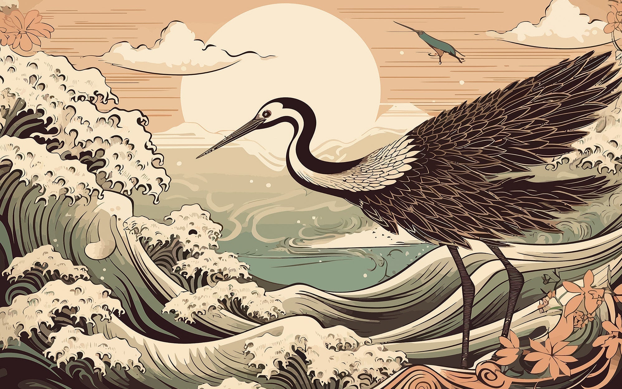 Premium Peel & Stick Wall Mural - Crane Sunset Illustration