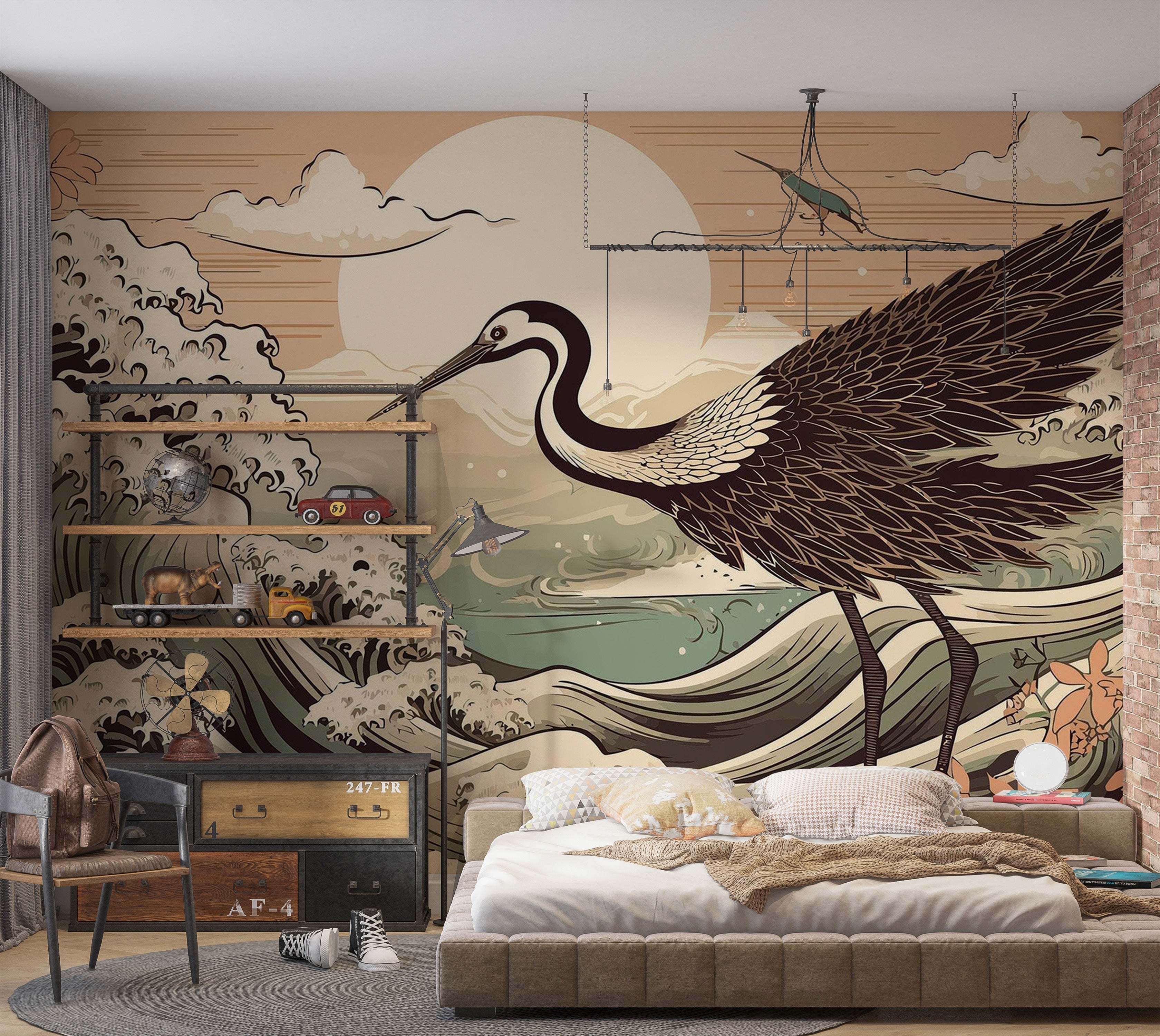 Premium Peel & Stick Wall Mural - Crane Sunset Illustration