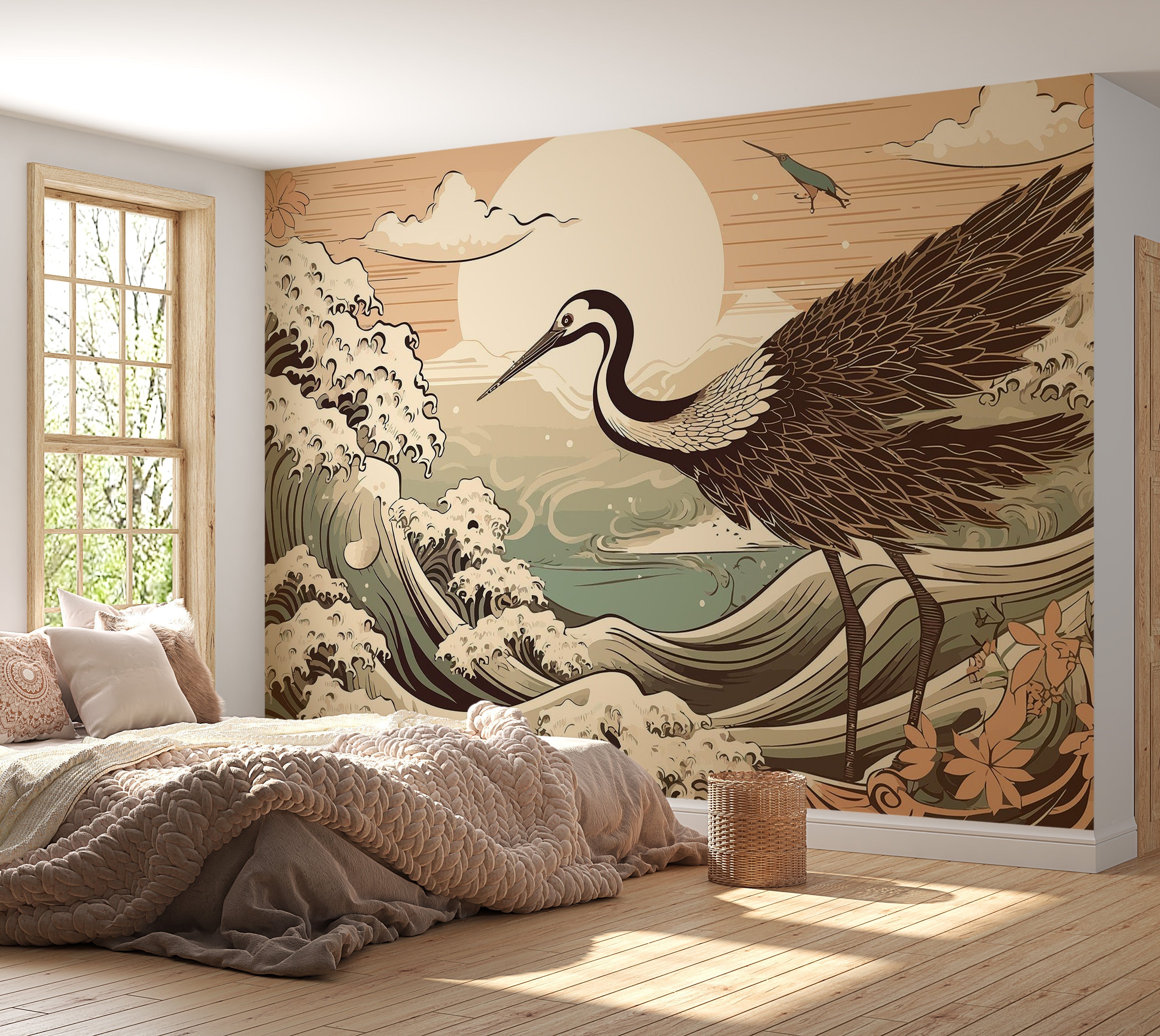 Premium Peel & Stick Wall Mural - Crane Sunset Illustration