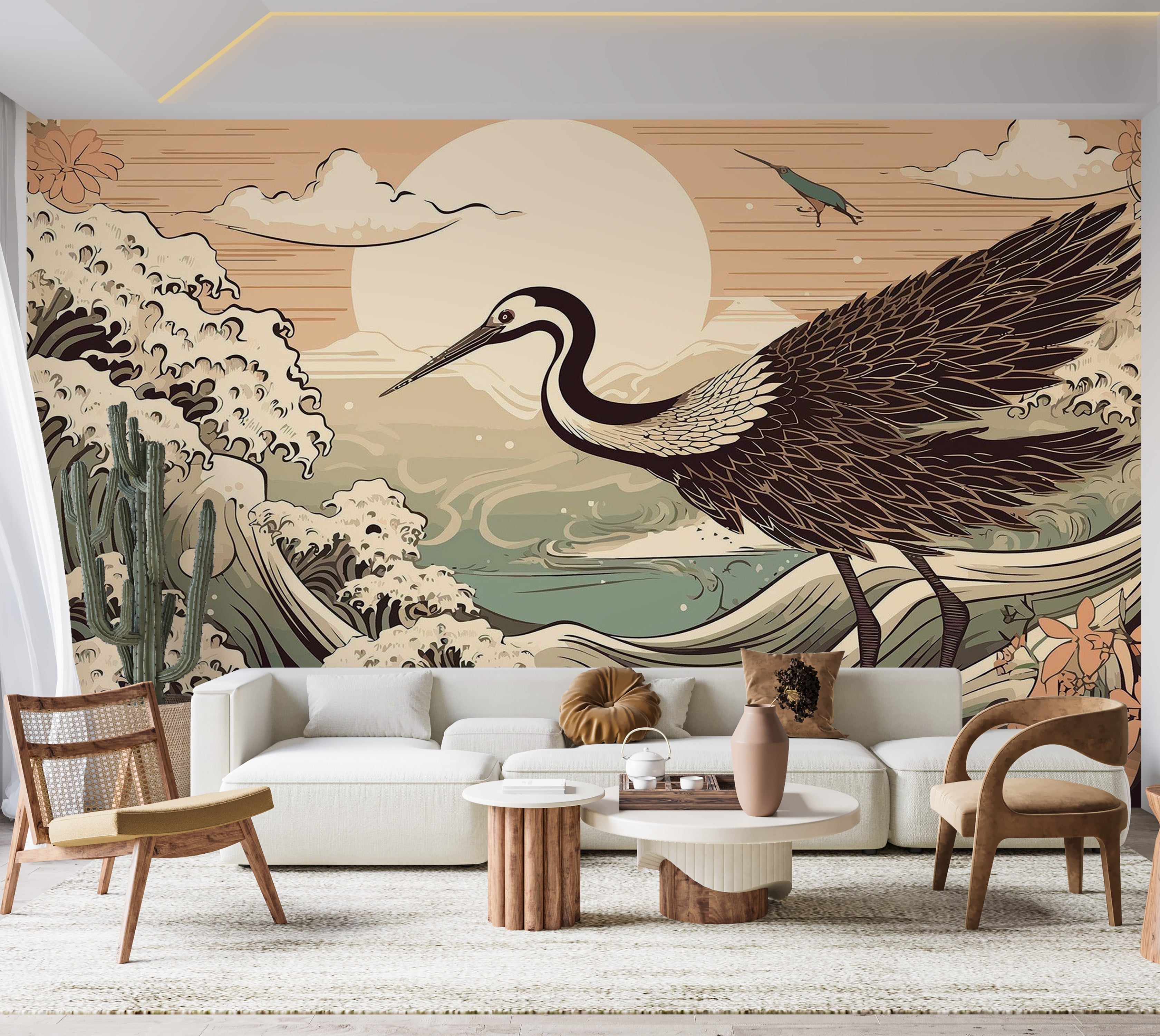 Premium Peel & Stick Wall Mural - Crane Sunset Illustration