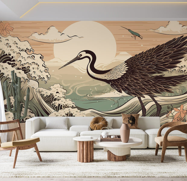 Premium Peel & Stick Wall Mural - Crane Sunset Illustration