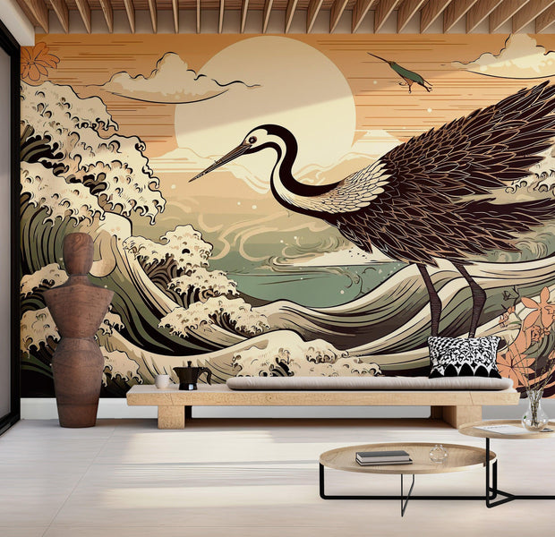 Premium Wallpaper Wall Mural - Crane Sunset Illustration 60"Wx40"H / Non-Woven Fleece