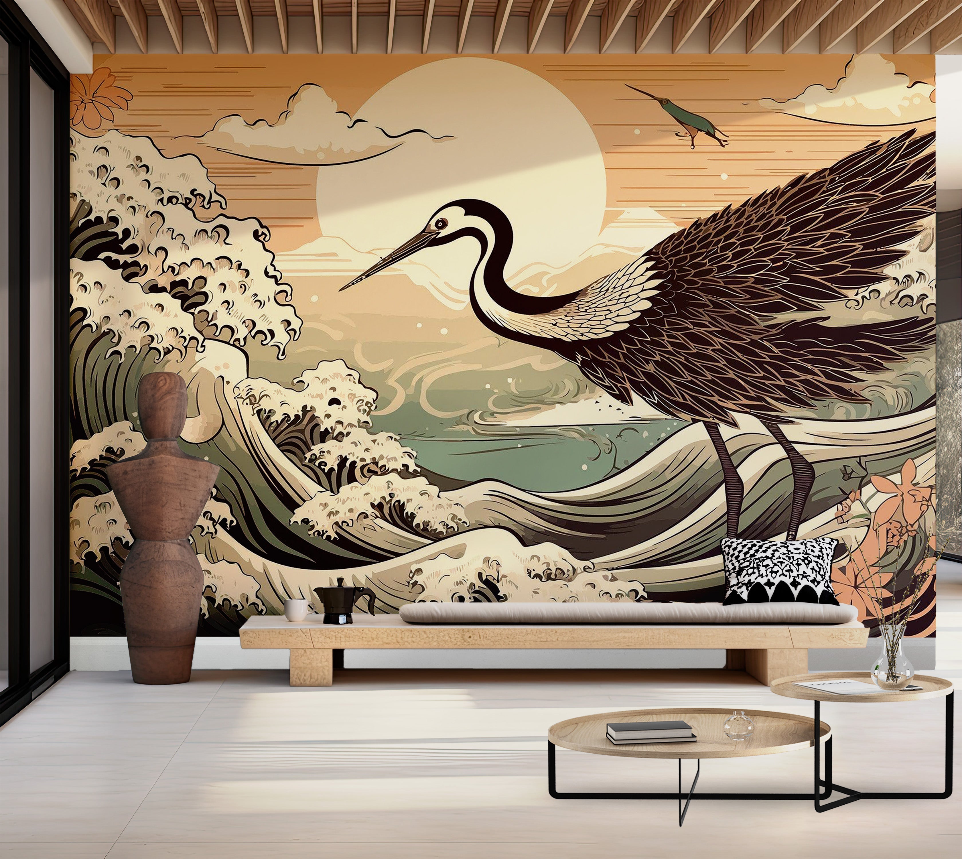 Premium Peel & Stick Wall Mural - Crane Sunset Illustration