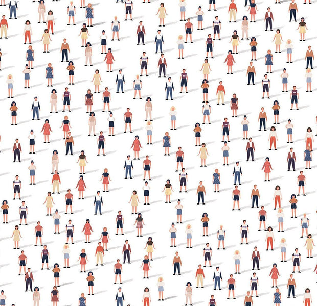 A diverse array of stylized people illustrated on a mural inside a room