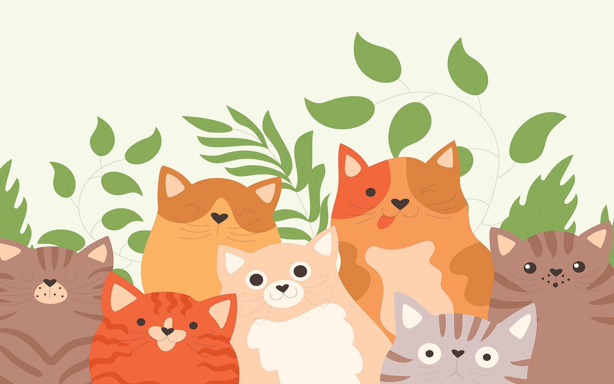 A colorful wall mural featuring various illustrated cats surrounded by green leaves.