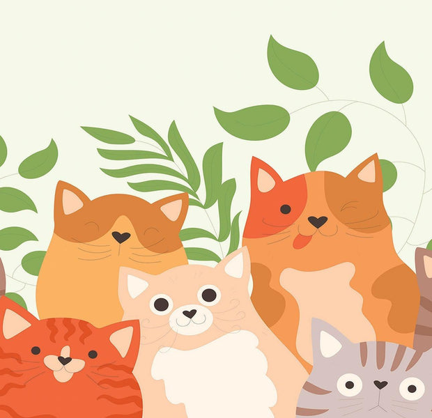 A colorful wall mural featuring various illustrated cats surrounded by green leaves.