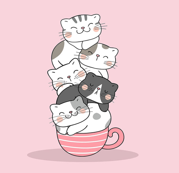 A playful illustration of a stack of various smiling cats balanced in a striped cup on a pink background.