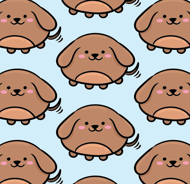 Seamless cartoon dog pattern on a wall mural with a light blue background